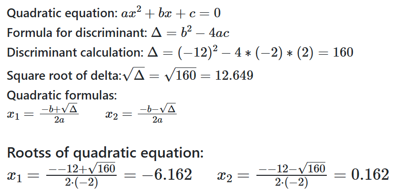 An example of a quadratic equation solution obtained from the SolverEdu quadratic equation calculator.
